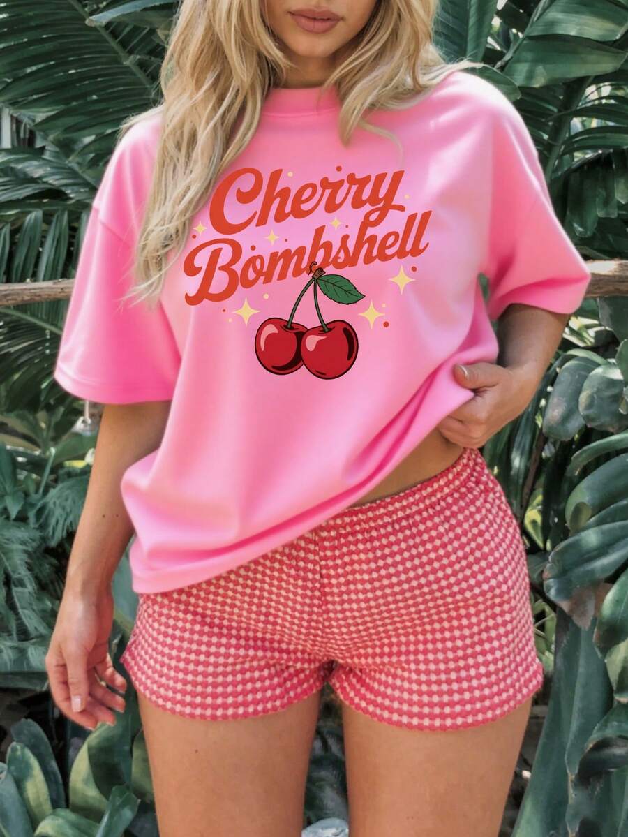 Women's Loose-Fit T-Shirt(CrewNeck)| Letter Pattern Print Cherry Bombshell | Y2K Style | Party-Suit | Sweet Girl Must-Have | Local Delivery Supported. - Hồng - Xem 1