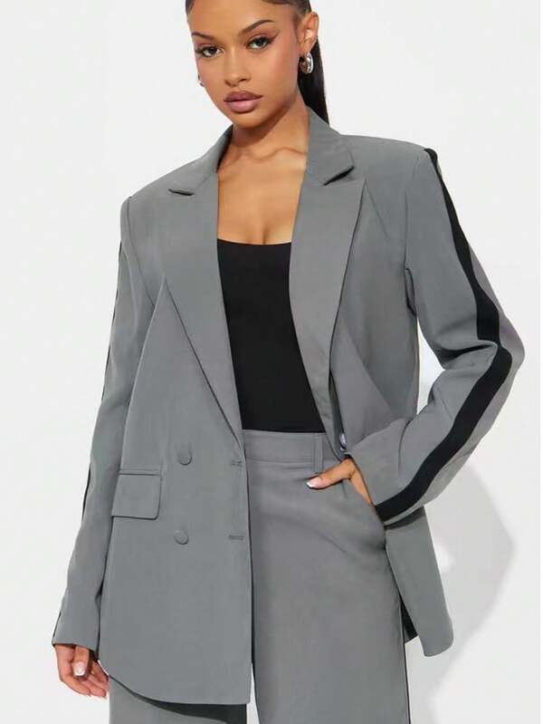 Gray Contrast Stripe Suit Set For Women, Loose Fit + Crisp Texture, Suitable For Work Commute / Casual Outings, Versatile, Striped Woven Fabric, Buttons, Office, Home, All Seasons