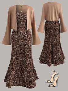 Women's Elegant Solid Color Bell Sleeve Knit Cardigan + Fitted Leopard Print Dress, 2 Pieces Outfit For Valentine's Day, Casual Party - Multicolor - View 7