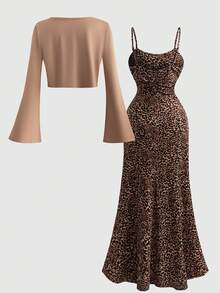 Women's Elegant Solid Color Bell Sleeve Knit Cardigan + Fitted Leopard Print Dress, 2 Pieces Outfit For Valentine's Day, Casual Party - Multicolor - View 6