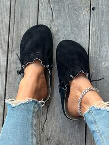 全新经典系带圆头舒适时尚休闲百搭软底平底鞋，平底鞋，秋季，穆勒鞋 - 黑色 - 查看 8