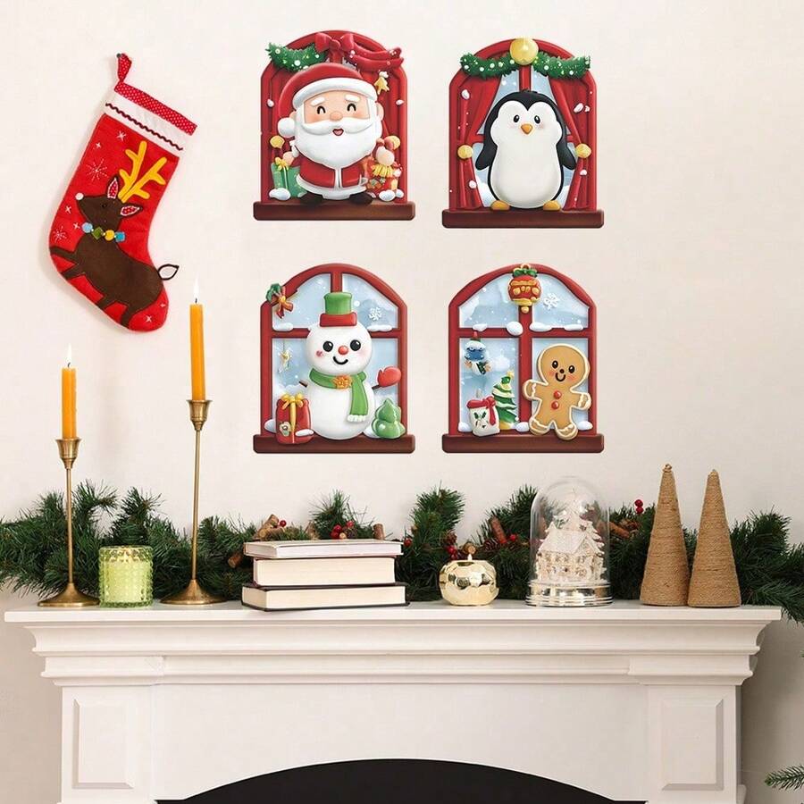 Pegatinas decorativas de elementos navideños con diseños de dibujos animados lindos para ventana, sala de estar, estudio, entrada, decoración del hogar, decoraciones navideñas, decoración de habitación, pegatinas de pared, pegatinas de pared decoraciones navideñas para el hogar