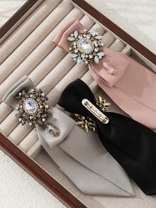 1pc Elegant Style Satin Ribbon Rhinestone Palace Badge Women Brooch, Luxury Jewelry Brooch Suitable For Daily Wear, Wedding/Party Gift