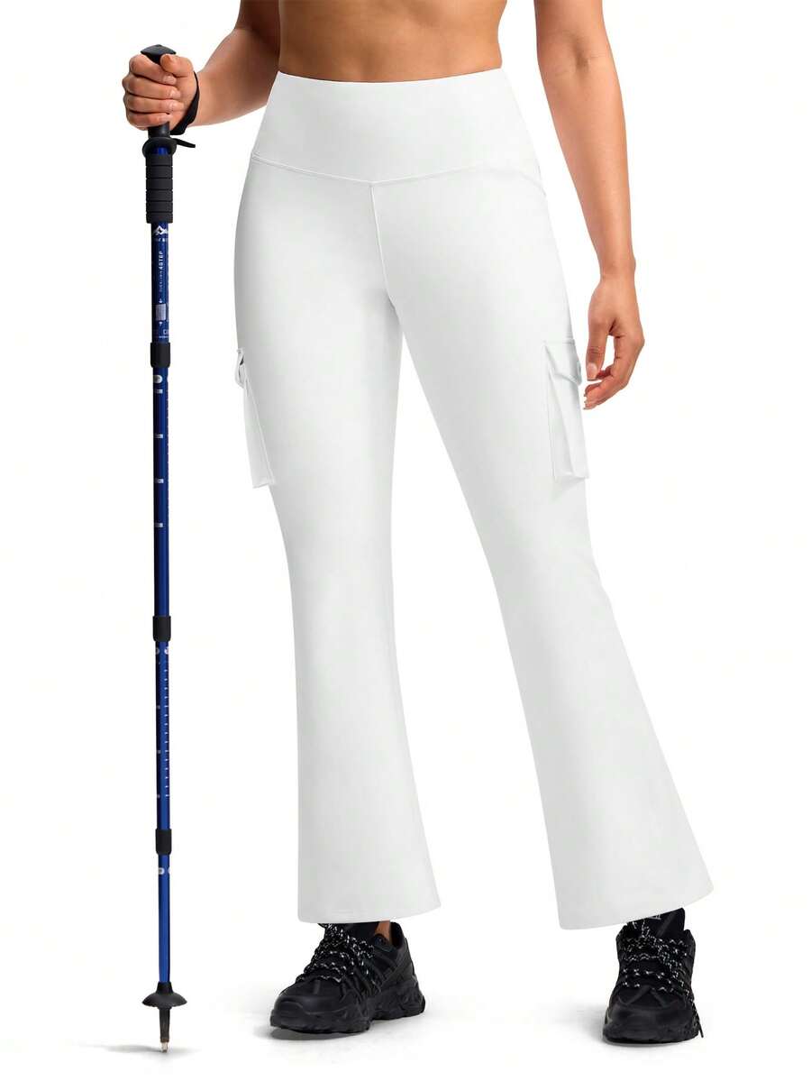 Womens Fleece Lined Pants High Waisted Flare Cargo Leggings For Women 6 Pockets Hiking Outdoor Winter Thermal - 白色 - 查看 1