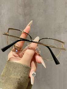1pc Metal Round Cat Eye Frame Outdoor Photochromic Indoor Flexible Temples Fashion Glasses For Women - 黑色 - 查看 2
