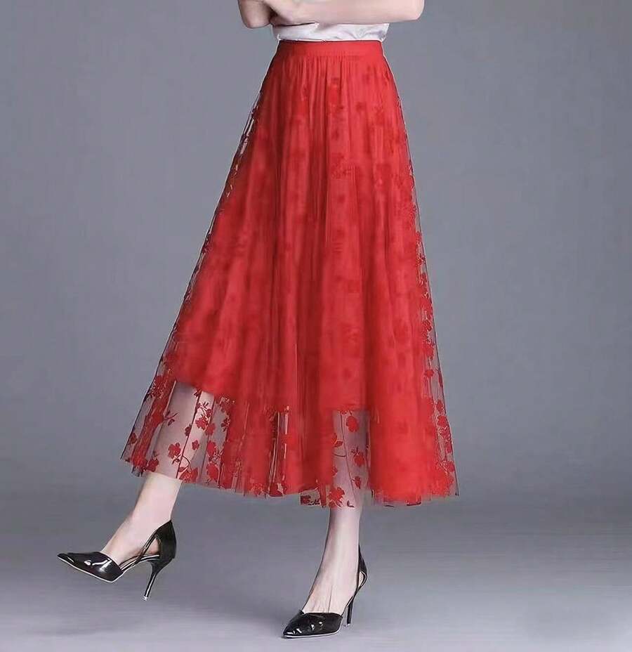 Embroidered Tulle Midi Skirt - Light And Romantic, 100% Polyester - 紅色 - 查看 1