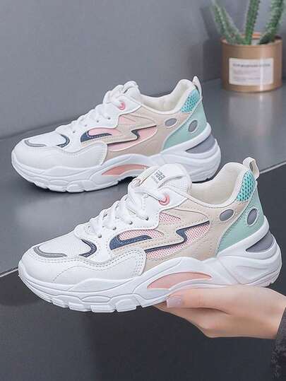 Cómodo y transpirable de malla patchwork de color de moda de las mujeres de fondo grueso zapatos deportivos casuales,punta redonda suela blanda encaje ligero hasta zapatillas de tenis,Cuatro estaciones nuevo zapatillas casual de mujer para hacer deporte, viajar y para el día a día.