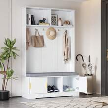 Zestaw szaf z ławką i półką na buty, wielofunkcyjna ławka ze schowkiem z 3 wieszakami i otwartą przestrzenią do przechowywania, prostokątna szafa z półkami do przedpokoju, kolor biały, wys. 190/szer. 120/gł. 40 - Biały + Płyta wiórowa - Zobacz 4