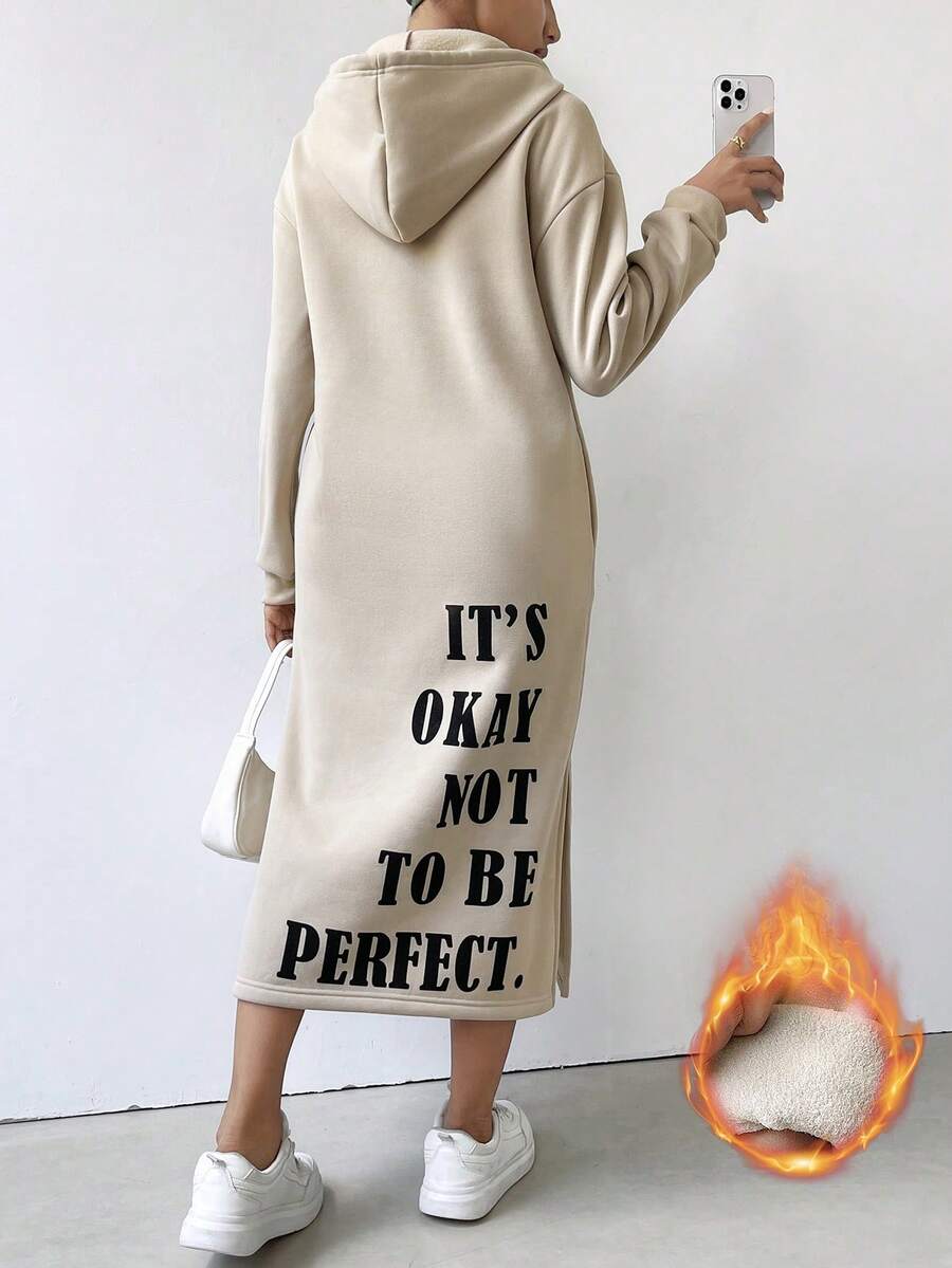 Sudadera casual de mujer con bolsillo dividido y costillas con estampado de letras - Caqui - Ver 1