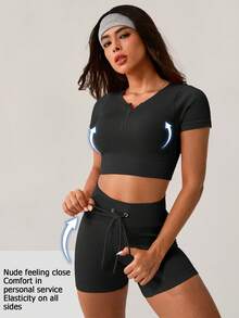 NcmRyu Women S 2 Piece Activewear Set Black Short Sleeve Crop Top With High Waist Tummy Control Yoga Shorts Sports Daily Wear Breathable Compression Fit Comfortable Activewear For Fitness Gym Running And Outdoor Activities - màu đen - Xem 1