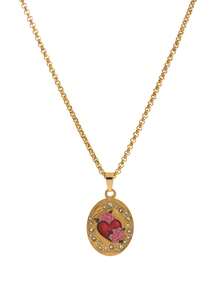 1件时尚复古椭圆形镶嵌锆石心形玫瑰蝴蝶天鹅蜻蜓石榴蛇不锈钢金吊坠项链，18k镀金，彰显个人魅力，适合女性日常佩戴、社交和宴会盛装，也可作为护身符项链佩戴，参加音乐节。女士珠宝。 - 金色 - 查看 8