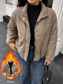 Cappotto Doriss Plus Size casual con cerniera laterale, tasche frontali, collo alto e maniche lunghe, adatto per l'inverno, colore marrone chiaro, stile minimalista, stile da corte, San Valentino, stagione dei matrimoni, Capodanno, stile bohémien, autunno e inverno - Castano - Visualizzare 3