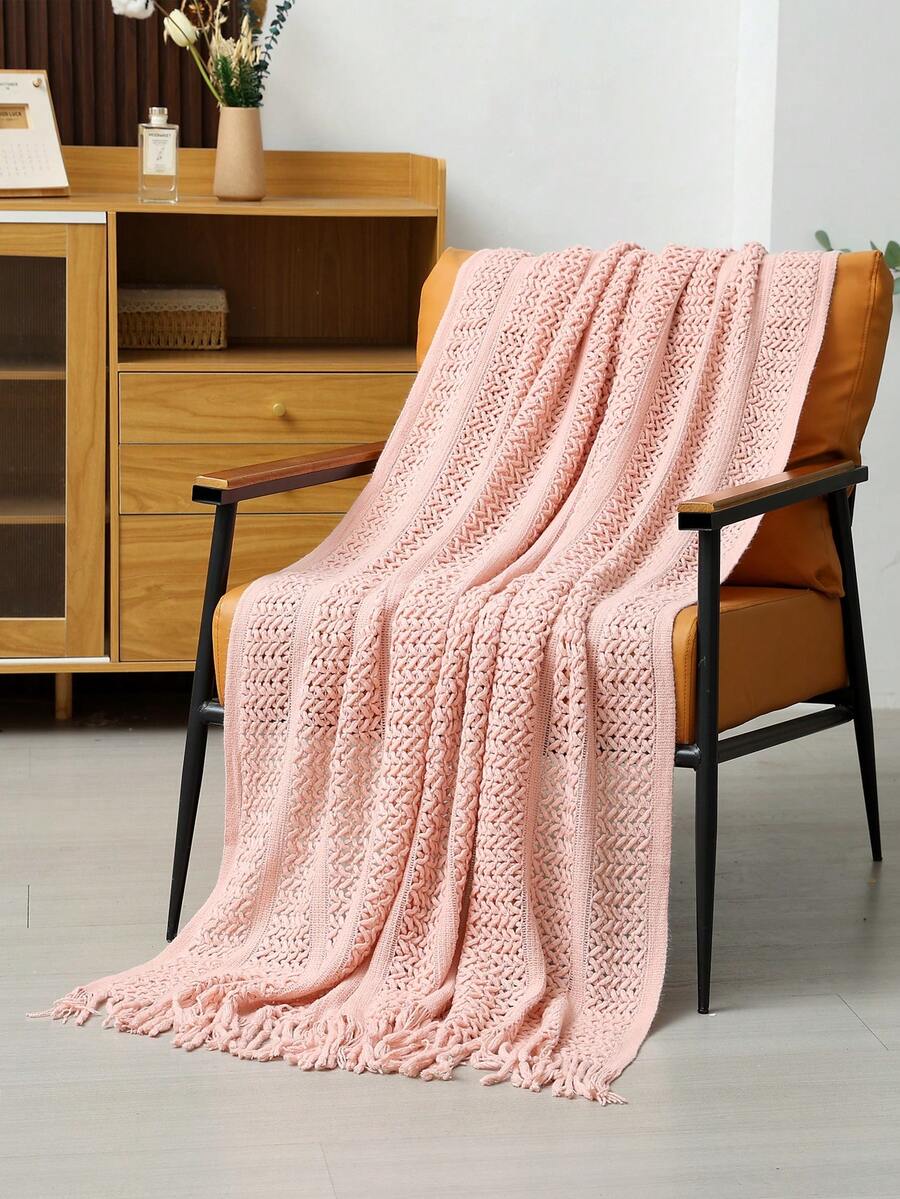 1 件卡其色针织盖毯，带流苏的休闲午睡毯，适用于卧室、客厅、沙发、椅子 - 絞花巾粉紅色 - 查看 1