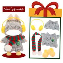 Weihnachtsthematisches Cut Out gestricktes Pullover-Set, kombiniert mit Schal, Kopfhörern, Schuhen, für LABUBU, Halloween, Weihnachten, Feiertage, Geburtstagsgeschenk (ohne Plüschpuppe)