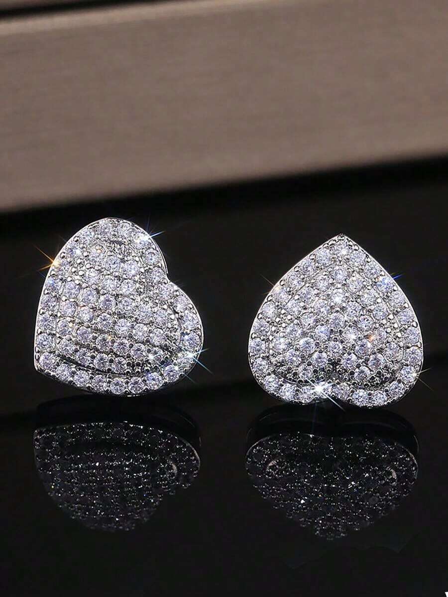 Cubic Zirconia Heart Stud Earrings For Women For Party Banquet Wedding - 銀色 - 查看 1