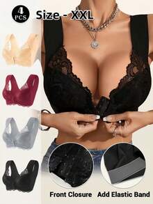 4-Piece Ladies' Elegant Lace-Trim Sports Bra Set - Full Coverage Seamless Push-Up Yoga Top With Front-Fastening V-Neck, Wide Straps And Breathable Nylon Underwear (Black/Magenta/Beige/Light Blue) | Wire-Free, Slightly Stretchable, Machine Washable, Suitable For Fitness, Yoga And Everyday Wear - 黑色 - 查看 1