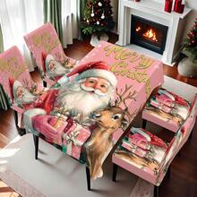 1/4/5/6/7/36 pièces Ensemble de housse de chaise/housse imprimé Père Noël tenant une boîte-cadeau et renne, convient pour la maison, le restaurant, l'hôtel, idéal pour la décoration quotidienne moderne. La nappe s'adapte à une table de salle à manger carrée, la housse de chaise élastique est lavable.