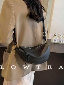 1pc Solid Color PU Leather Shoulder Bag For Women, Vintage Fashion Crescent Shaped Shoulder Bag With Zipper Closure, Suitable For Daily And Outdoor Use - Black - View 6