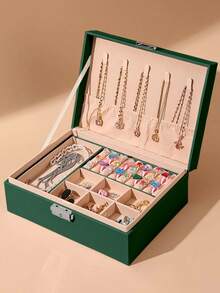 صندوق مجوهرات ذو طبقتين سعة كبيرة، صندوق تخزين مجوهرات محمول، صندوق مجوهرات للزينة، صندوق مجوهرات هدية من الجلد، حاوية عرض فاخرة للتخزين، صندوق مجوهرات متعدد الوظائف من جلد البولي يوريثان مع قفل لساعة، صندوق تخزين، صندوق تخزين خاتم وأقراط وقلادة، صندوق تخزين مجوهرات منزلي، صندوق منظم مجوهرات