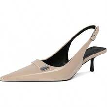 Women's Pointed Toe Slingback Heels Metal Buckle Ankle Strap Kitten Low Heel Pumps 2 Inch Stylish Retro Women Shoes-20256688 - 漆皮米色 - 查看 1
