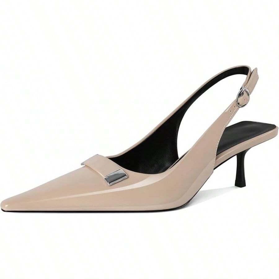 Women's Pointed Toe Slingback Heels Metal Buckle Ankle Strap Kitten Low Heel Pumps 2 Inch Stylish Retro Women Shoes-20256688 - 漆皮米色 - 查看 1