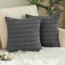 4 fundas de cojín decorativas, 45 x 45 cm funda de cojín de pana para sofá,Funda de almohada a rayas de estilo bohemio de pana suave para sofá, cama, decoración del hogar de granja - Gris Oscuro - Ver 3
