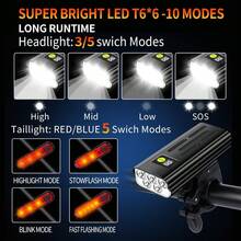 Luces de Bicicleta de 9600 Lúmenes para Conducción Nocturna, Faro Delantero y luz Trasera con 3 Modos de luz, Luces Impermeables para Bicicleta para Montar de Noche,Recargable por USB, Tipo C - 1 - Ver 9