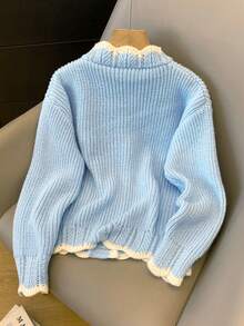 JIANHU Casual V-Neck Loose Short Knit Cardigan, Spring/Autumn - New Blue - View 3