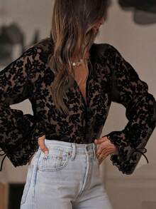 ii Women's Elegant Embroidered Lace Sheer Blouse