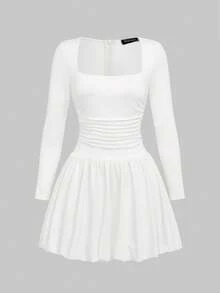 Solid Square Neck A-Line Dress