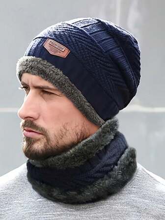 2pcs/Set Winter Beanie Hat Scarf Set Warm Knit Thick Thermal Lined Skull Cap Neck Warmer For Men Casual