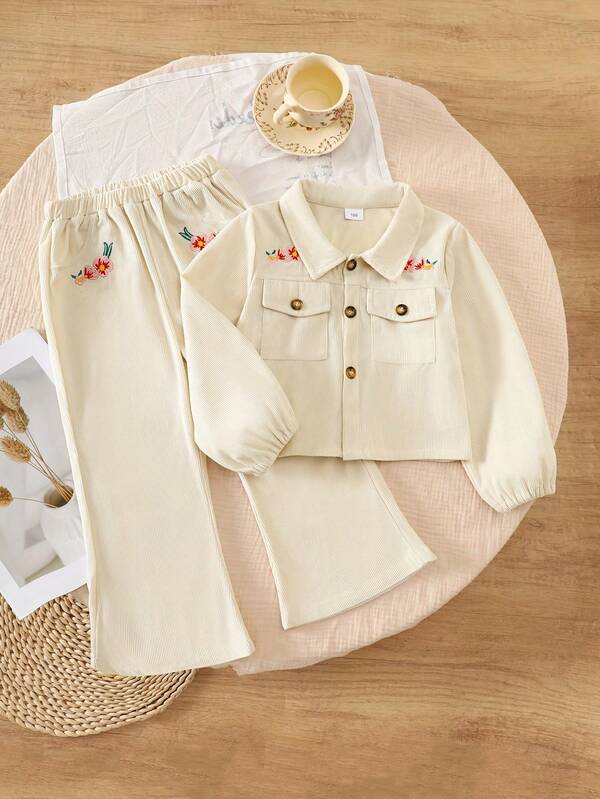 2pcs Girls Autumn/Winter Corduroy Fabric Fashion Embroidered Long Sleeve Collar Jacket Top + Flared Pants Casual Outdoor Suit