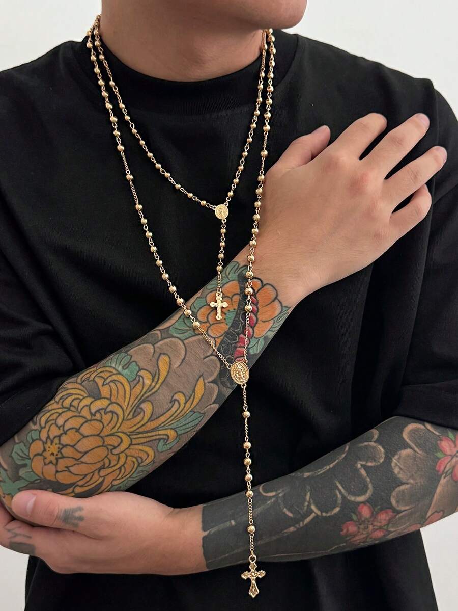 2pcs Fashionable Casual Minimalist Cross Pendant Necklace Set, Personalized Beaded Chain Y-Necklace, Suitable For Daily Wear, Party, And Holiday Gifts