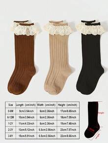 3双女童简约花卉装饰纯色及膝袜，甜美可爱，适合日常穿着 - 彩色 - 查看 3