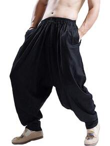 Men's Cotton Harem Pants Casual Loose Hippie Drop Crotch Trouser-20256688 - 黑色 - 查看 3