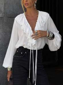 Damen Lässig und elegant einfarbige doppellagige Rüschen V-Ausschnitt dünne Träger normale Schulter locker plissierte Puffärmel Bluse mit Rüschenkragen, Langarm Schnürung Büro Arbeitsbluse, Frühling Sommer Herbst - Weiss - Übersicht 4