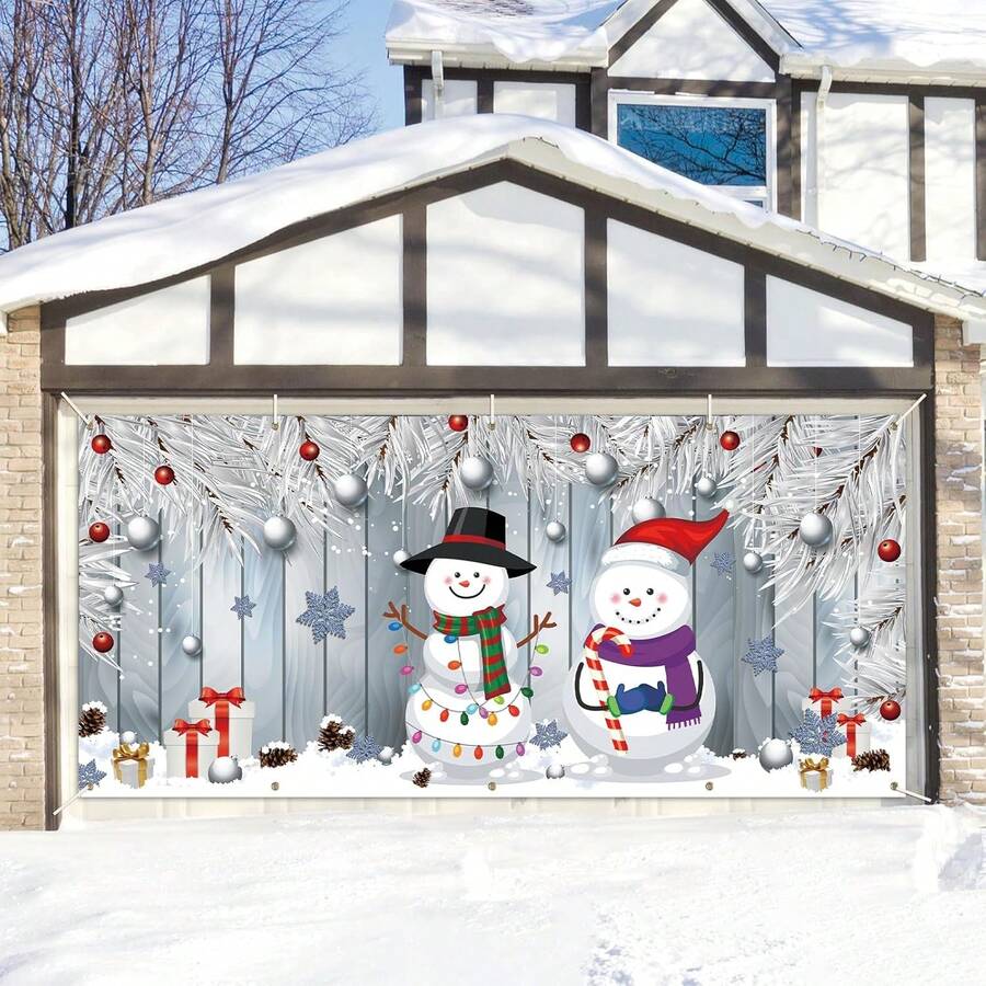 1 pièce Bannière de porte de garage de décoration de Noël - Fond d'écran de bonhomme de neige d'hiver enneigé et flocon de neige cadeau pour décoration intérieure et extérieure de la maison, du jardin, fournitures de fête