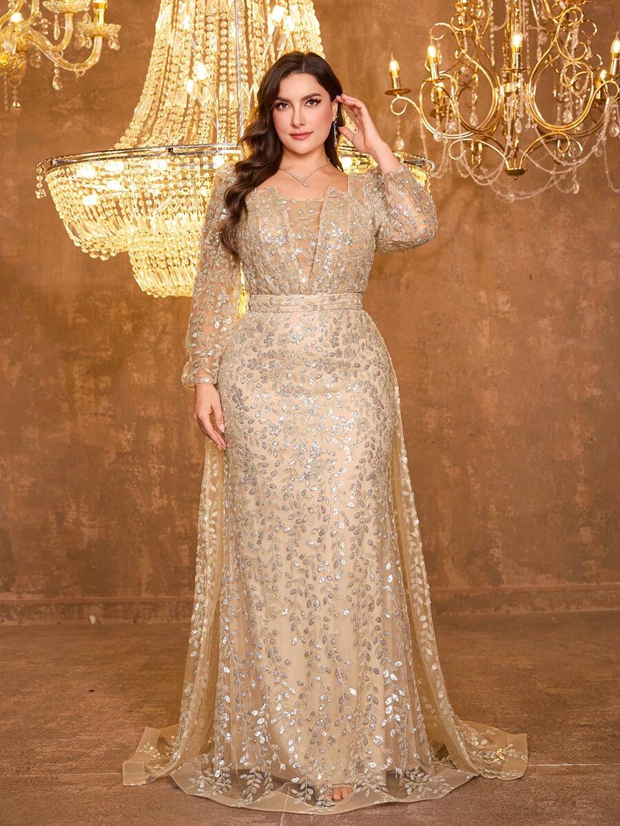 Đầm dạ hội dài tay cổ tim đính đá và sequin UNITHORSE, thích hợp cho các dịp trang trọng, đám cưới, trang phục nữ mùa thu xuân. - Rượu sâm banh - Xem 1