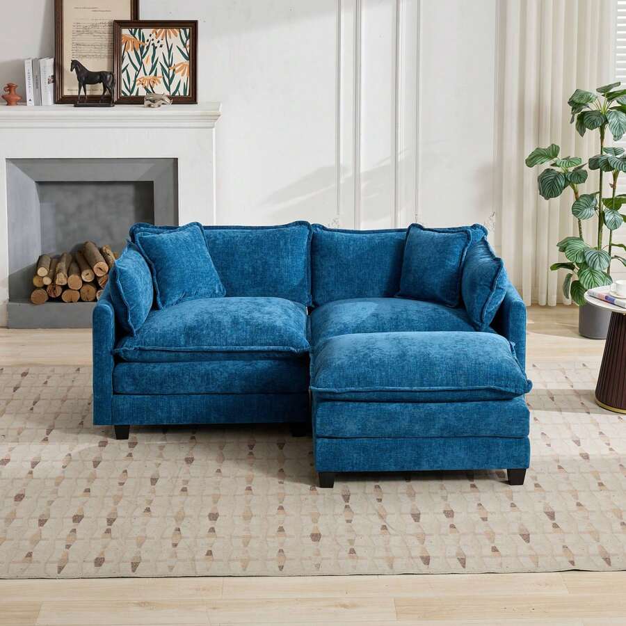 mikibama Modern Modular Sectional Sofa, 78" Upholstered Chenille Loveseat With Movable Ottoman Comfy L-Shaped Sofa, Oversized Deep Seat Cloud Couch With 2 Throw And Arm Pillows For Living Room, Blue - Blue Loveseat +1 Ottoman - 查看 1