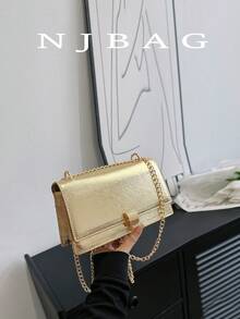 PU皮革方包金色鏈條 - 金色 - 查看 2