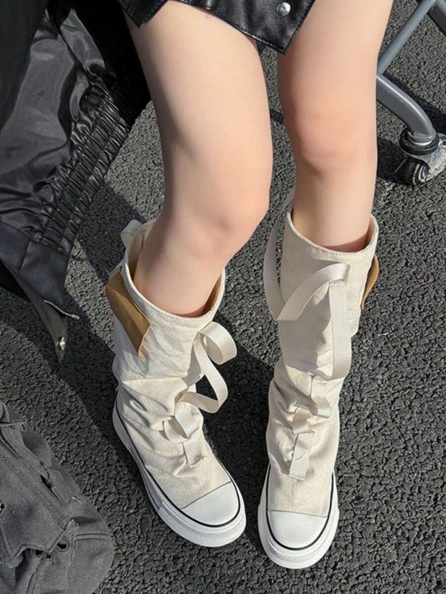 小众设计涂鸦扣高帮女鞋，2025年春季新款百搭运动鞋，紧身裤，及膝靴，秋季，冬季，秋季，踝靴 - 白色 - 查看 1