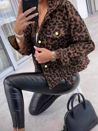Chaqueta de jean casual de una hilera de botones de manga larga con estampado de leopardo para mujer