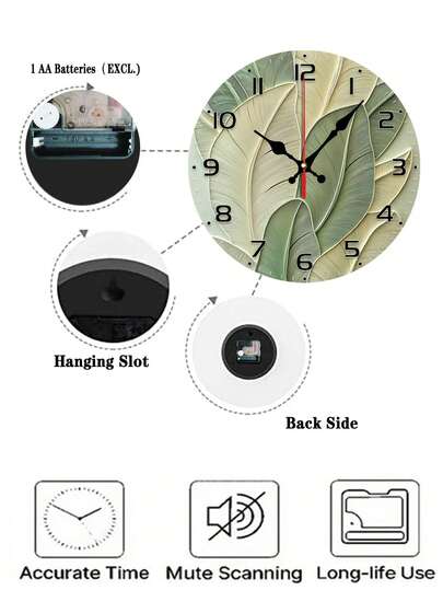 10/12Inch Silent Wand Klok Abstract Leaf Frameless Moderne Vintage Wood Veneer, Groen Beige Gradient Ideal Living Room, Bedroom, Kitchen No Battery Included, Room view 4