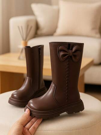 1 Pair Kids/Teens Western Style PU Leather Bow Decor Mid-Calf Boots, Classic Black, Retro Solid Brown, Casual Chelsea Boots, Comfortable Plush Lining, Thick Sole, Suitable For 3-14 Years Old Girls Daily, Parties, Holidays, Autumn/Winter