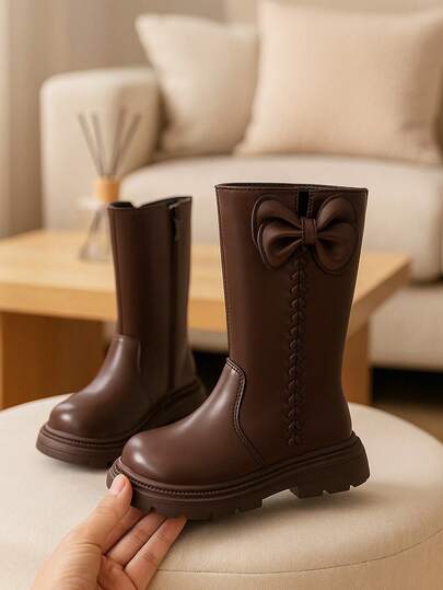 1 Çift Çocuk/Genç Batı Tarzı PU Deri Fiyonklu Dekor Orta Boy Bot, Klasik Siyah, Retro Düz Kahverengi, Günlük Chelsea Bot, Rahat Peluş Astar, Kalın Taban, 3-14 Yaş Arası Kızlar İçin Günlük, Partiler, Tatiller, Sonbahar/Kış İçin Uygun