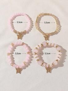 4pcs Bohemian Handmade Glass Beaded Bracelet Set With Flower Bead & Butterfly Pendant For Women, Elastic - 粉色 - 查看 6