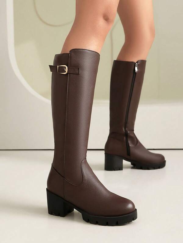 Women's Fashion Brown PU Leather Boots, Solid Color Commuting Mid-Calf Boots, Casual Over-The-Knee Boots, Comfortable High-Shaft Boots, Retro Riding Boots, Thick-Soled Tall Boots, Chunky Heel Leather Boots, Versatile Mid-Heel Women Boots, Belt Buckle Decor, Easy To Wear, Tight Fit Side Zipper Leather Boots, Block Heel Women Shoes