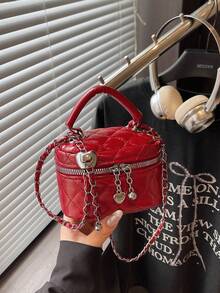 新款时尚经典多功能防水PU绗缝女士手提包，轻便易携，拉链闭合设计，心形拉链装饰斜挎圆盒包，零钱包，适合购物、旅行、通勤。 - 紅色 - 查看 7