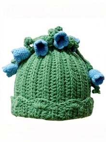 Lily Of The Valley Crochet Bell Orchid Designed Adult Cap, Hand Woven Warm Winter Urine Cap With Blue Flower Decoration, Women's Soft And Warm, Fashionable Knitted Cap