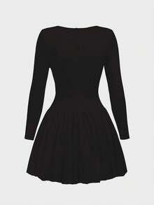 Elegant Daily Vintage French Style Long Sleeve Dress, Square Neck Pleated Cinched Waist A-Line Flare Hem Mini Dress - Black - View 5